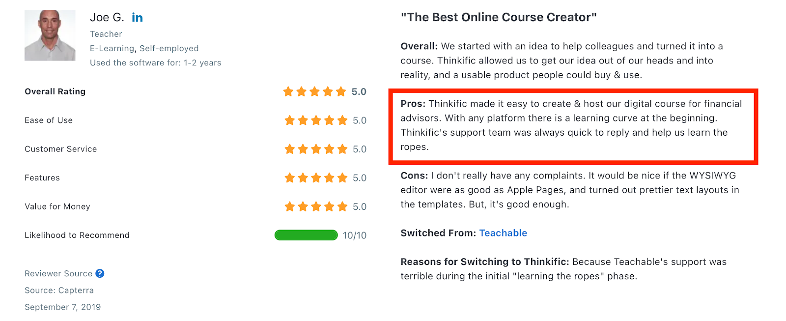 A review from Joe G. describing Thinkific as the best online course creator